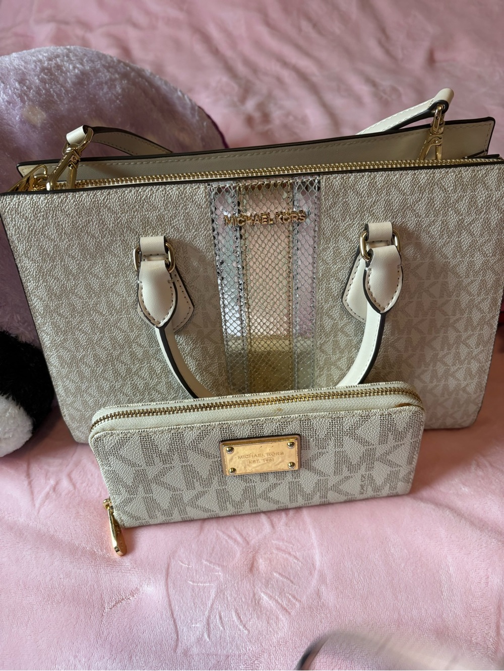 Michael Kors Cream Signature Tote with Matching Wallet and Gold Accents